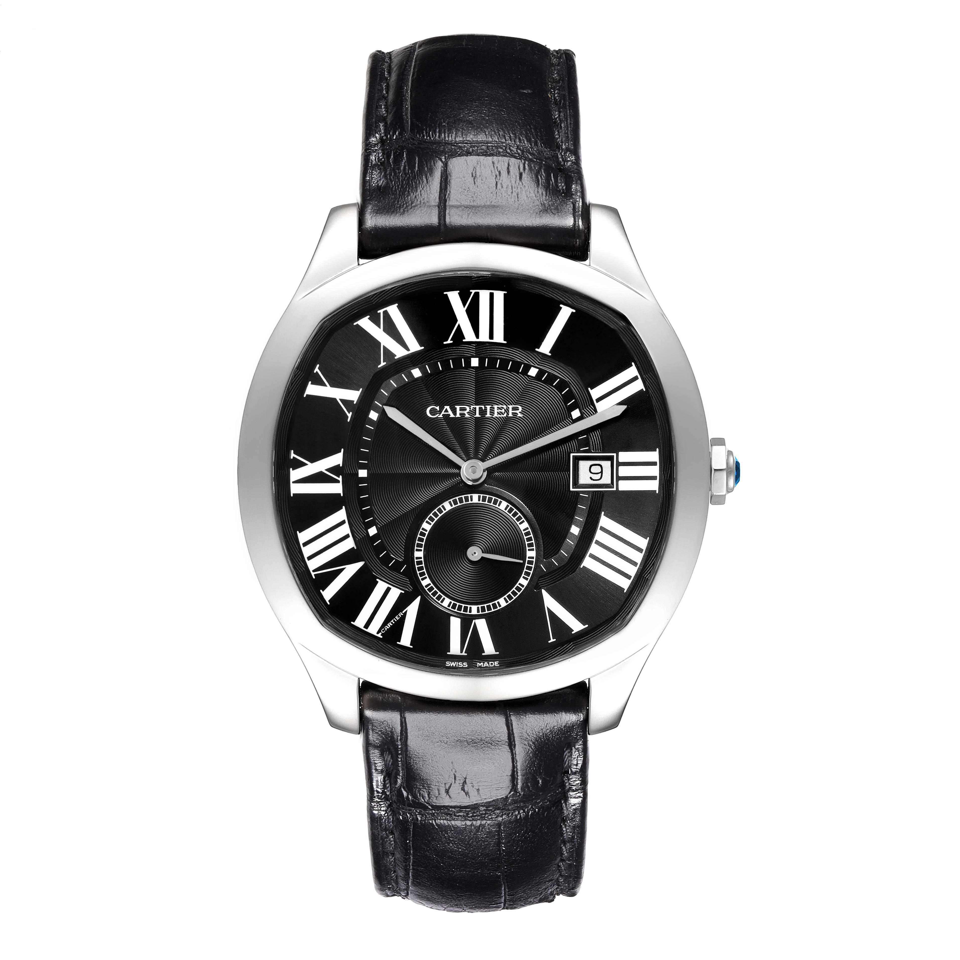 The Drive de Cartier watch by Cartier is shown from a front angle, displaying the dial, case, and strap.