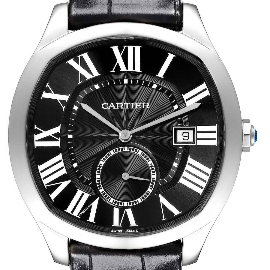 The Drive de Cartier watch is shown from the front, highlighting its black dial, Roman numerals, date window, and leather strap.