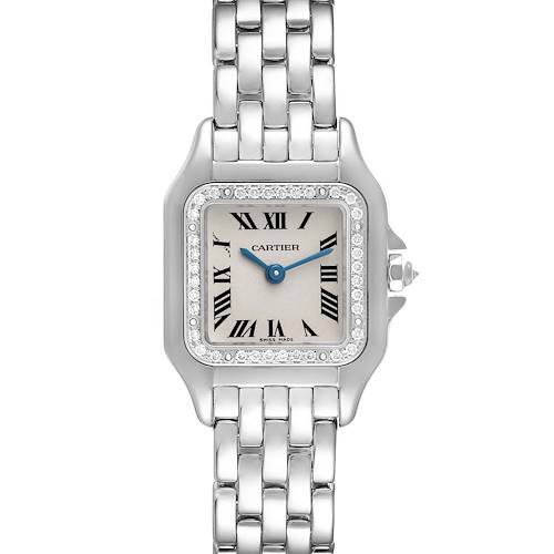 This image shows a front view of a Cartier Panthere WF3091F3 Women's White Gold Silver Dial WF3091F3 Women's White Gold Silver Dial watch, highlighting its face, bezel, and bracelet.