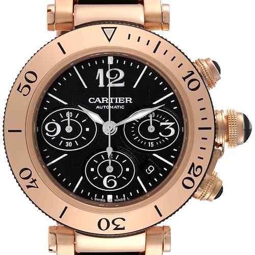 The image shows a frontal view of the Pasha watch by Cartier, displaying its dial, bezel, and crown.