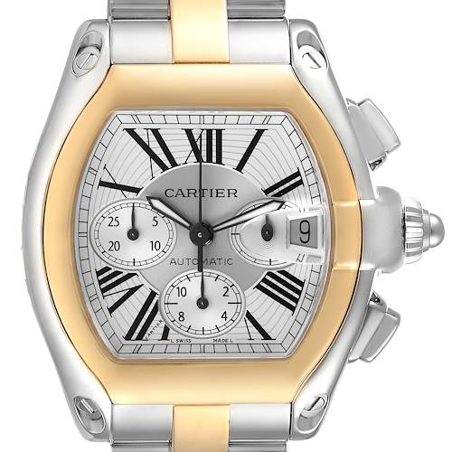 The Cartier Roadster W62027Z1 Men's Steel and Gold (two tone) Silver Dial W62027Z1 Men's Steel and Gold (two tone) Silver Dial watch is shown front view, highlighting the dial, crown, and chronograph pushers.