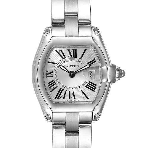 The image shows a Cartier Roadster W62016V3 Women's Stainless Steel Silver Dial W62016V3 Women's Stainless Steel Silver Dial watch from a top-down angle, highlighting its face, bezel, and part of the metal bracelet.