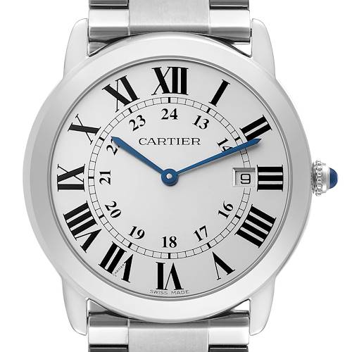 The Cartier Ronde W6701005 Men's Stainless Steel Silver Dial W6701005 Men's Stainless Steel Silver Dial watch is shown from a front angle, displaying its dial, case, crown, and bracelet links.
