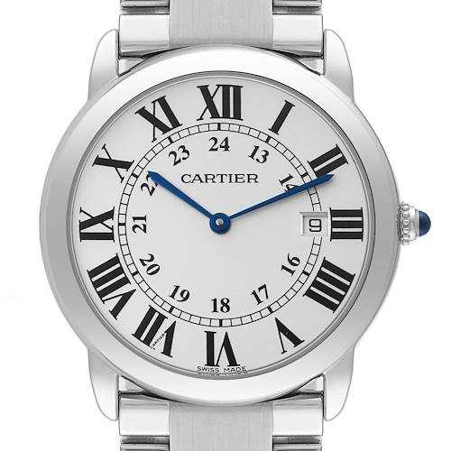 The Cartier Ronde W6701005 Men's Stainless Steel Silver Dial W6701005 Men's Stainless Steel Silver Dial watch is shown from a frontal angle, displaying its dial, hands, and bezel.