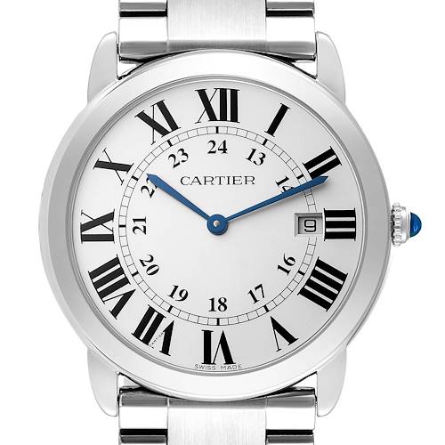 The Cartier Ronde W6701005 Men's Stainless Steel Silver Dial W6701005 Men's Stainless Steel Silver Dial model is shown from the front, displaying the dial, Roman numerals, date window, and the bracelet.