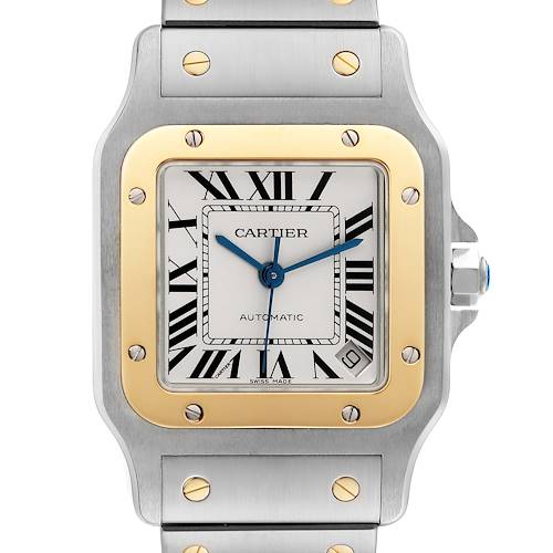 The Cartier Santos W20099C4 Men's Steel and Gold (two tone) Silver Dial W20099C4 Men's Steel and Gold (two tone) Silver Dial model watch is shown from a front angle, highlighting the face, bezel, and metal bracelet.
