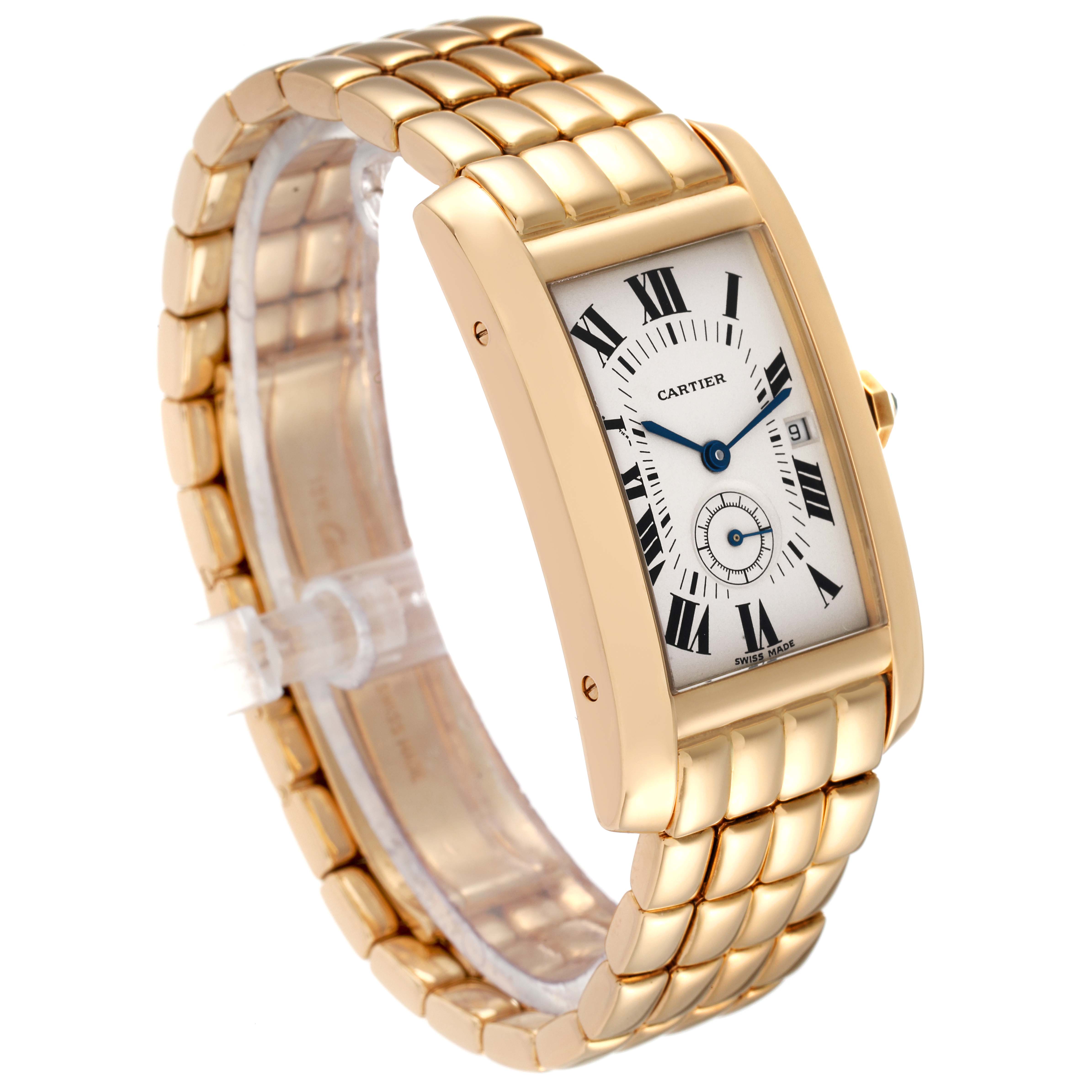 This image shows a frontal angle of the Cartier Tank Americaine W26009C9 Women's Yellow Gold Silver Dial W26009C9 Women's Yellow Gold Silver Dial watch, highlighting its gold case, bracelet, and Roman numeral dial.
