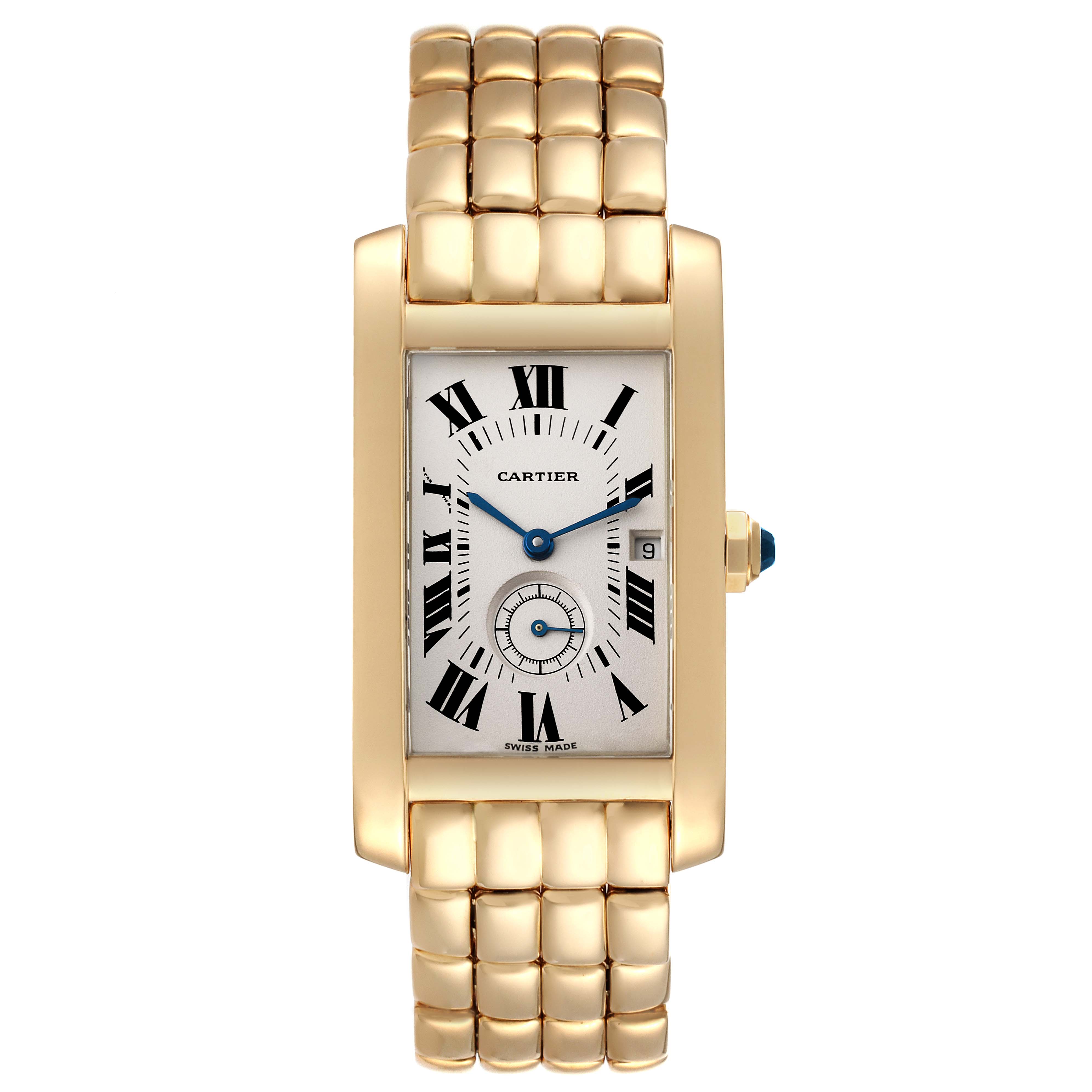The image shows a top-down view of a Cartier Tank Americaine W26009C9 Women's Yellow Gold Silver Dial W26009C9 Women's Yellow Gold Silver Dial watch, featuring its gold metal bracelet and rectangular face with Roman numerals.