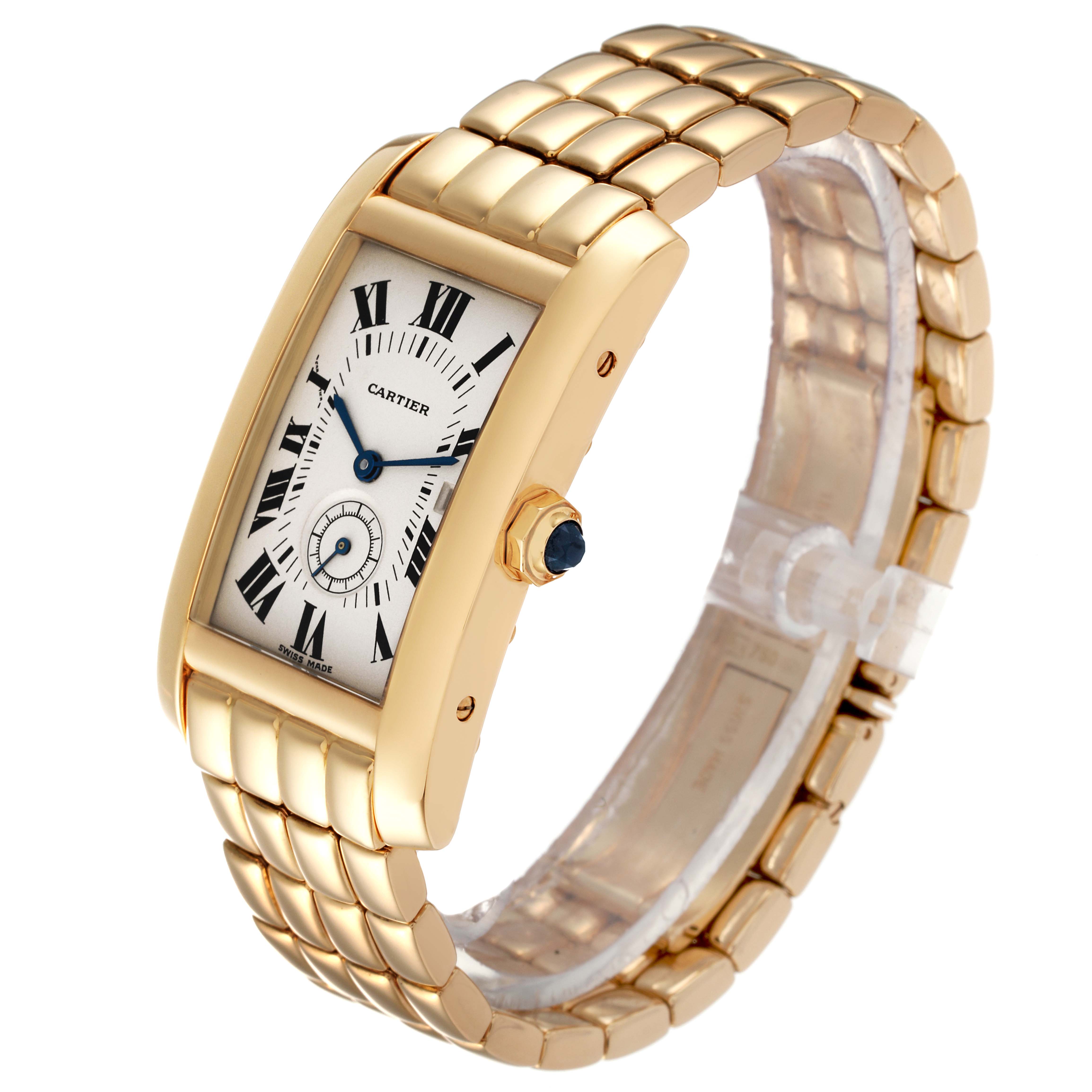 The Cartier Tank Americaine W26009C9 Women's Yellow Gold Silver Dial W26009C9 Women's Yellow Gold Silver Dial watch is shown at a three-quarter angle, featuring its rectangular face and gold bracelet.