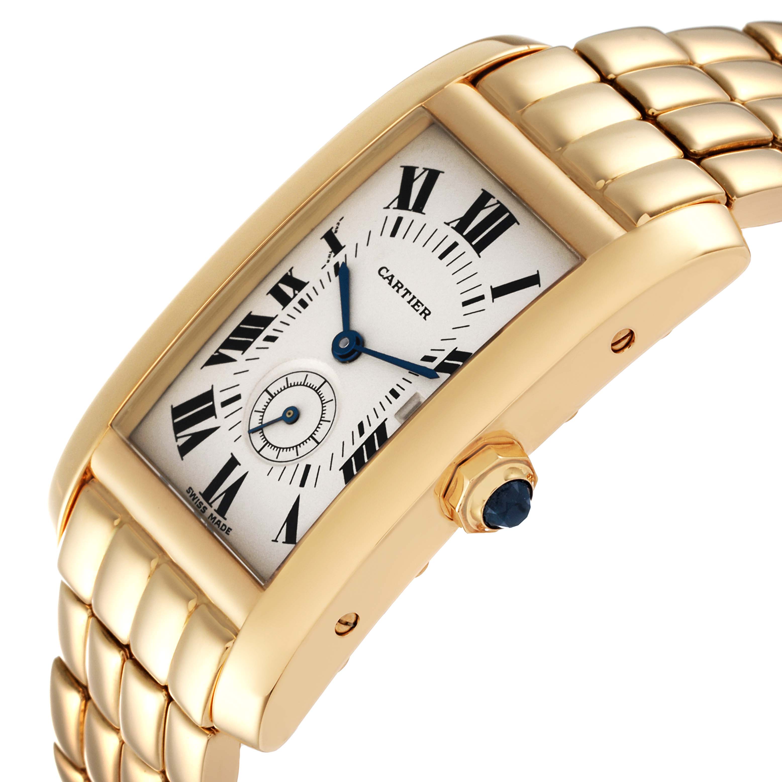 The image shows a Cartier Tank Americaine W26009C9 Women's Yellow Gold Silver Dial W26009C9 Women's Yellow Gold Silver Dial watch from a side angle, highlighting its bracelet, dial, and crown.