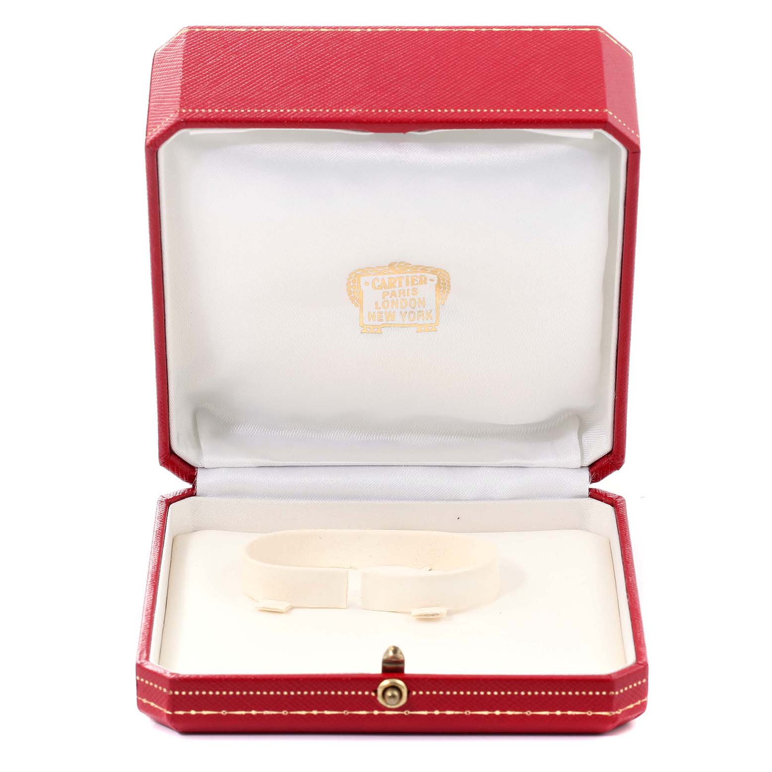 The image shows an open Cartier box with a padded watch holder for the Tank Americaine model, viewed from the front.