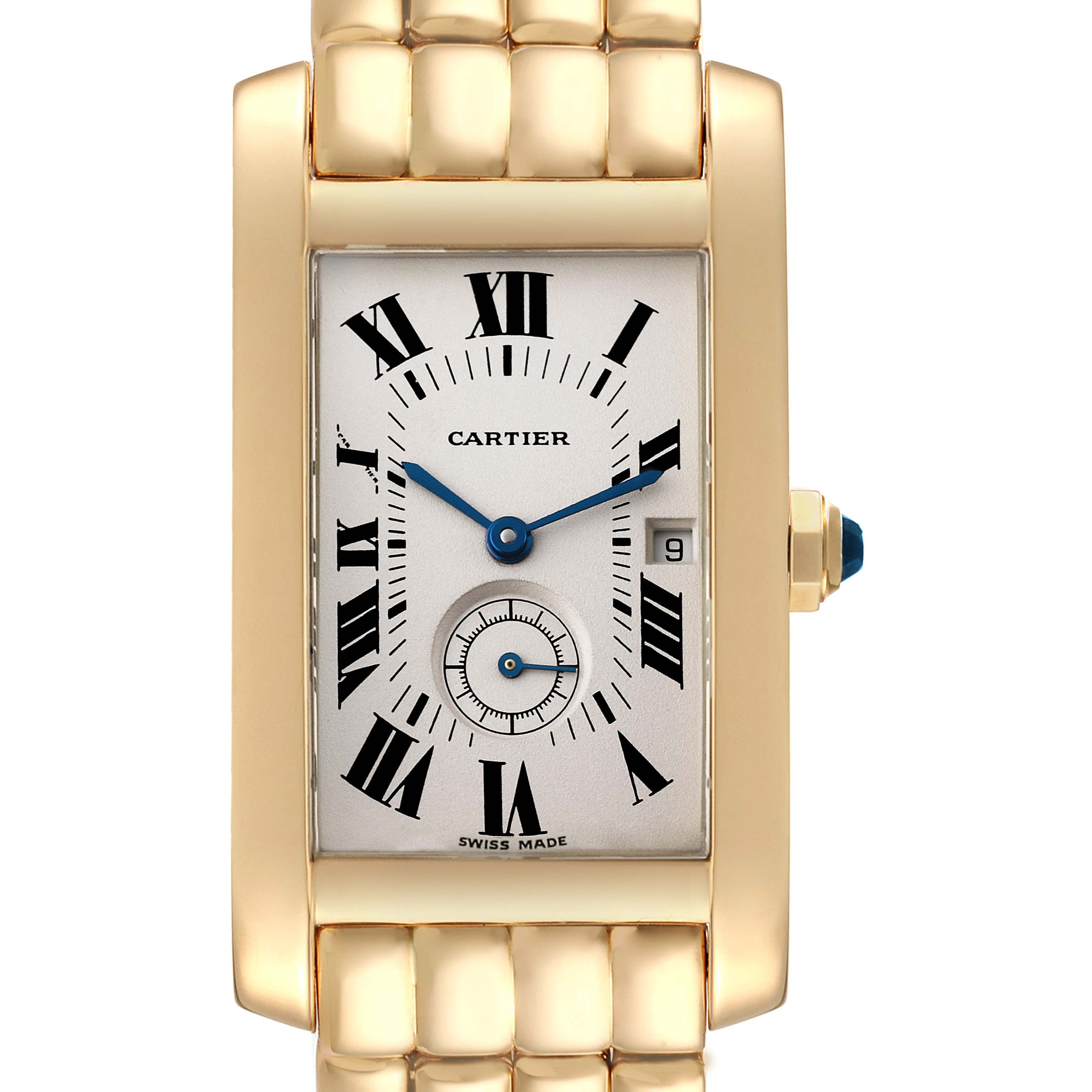The image shows a front view of the Cartier Tank Americaine W26009C9 Women's Yellow Gold Silver Dial W26009C9 Women's Yellow Gold Silver Dial watch, highlighting the face, Roman numerals, and bracelet.