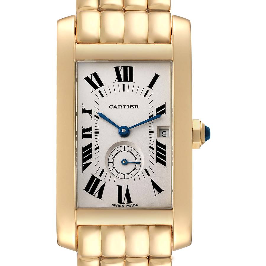 The image shows a front view of the Cartier Tank Americaine W26009C9 Women's Yellow Gold Silver Dial W26009C9 Women's Yellow Gold Silver Dial watch, highlighting the face, Roman numerals, and bracelet.