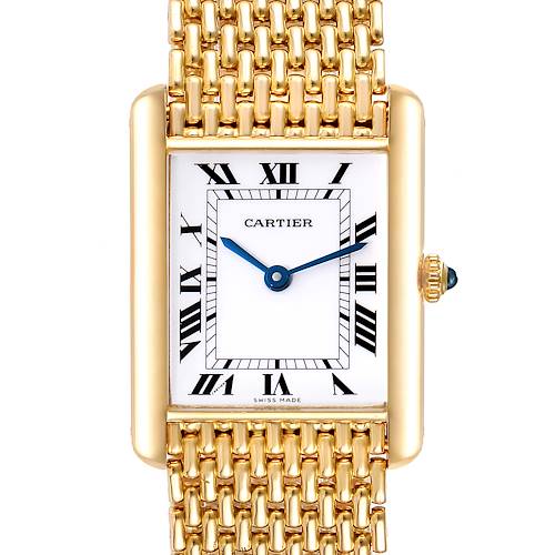 The image displays a Cartier Tank Classic Women's Yellow Gold White Dial Women's Yellow Gold White Dial model watch from a frontal view, highlighting its golden bracelet and rectangular watch face.
