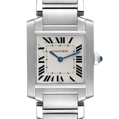 This image shows a front view of the Cartier Tank Francaise WSTA0005 Women's Stainless Steel Silver Dial WSTA0005 Women's Stainless Steel Silver Dial watch, focusing on the dial, hands, and part of the bracelet.