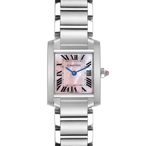 The Cartier Tank Francaise W51028Q3 Women's Stainless Steel Mother of Pearl Dial W51028Q3 Women's Stainless Steel Mother of Pearl Dial is shown from a front angle, highlighting its square face, bracelet, and blue hands.