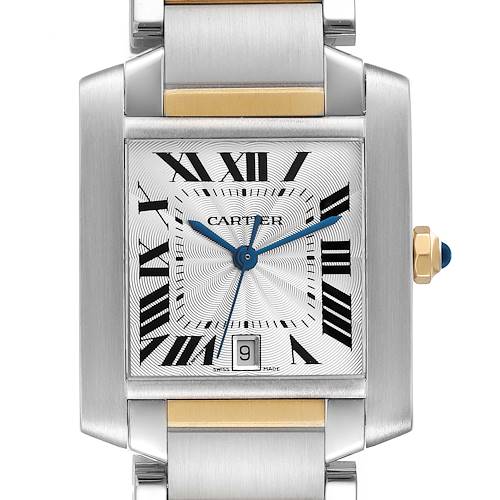 The image shows the face and part of the stainless steel and gold bracelet of the Cartier Tank Française watch.