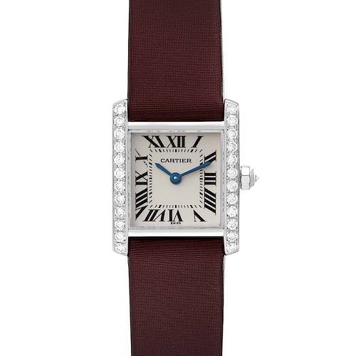 The image shows a frontal view of a Cartier Tank Francaise WE100251 Women's White Gold Silver Dial WE100251 Women's White Gold Silver Dial watch with a rectangular face, Roman numerals, diamond-studded sides, and a burgundy strap.