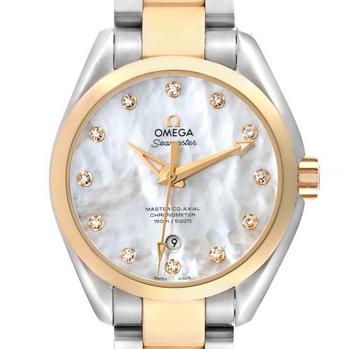 The image shows the Omega 231.20.34.20.55.002 Women's Steel and Gold (two tone) Mother of Pearl Dial 231.20.34.20.55.002 Women's Steel and Gold (two tone) Mother of Pearl Dial Aqua Terra Rose Gold Mother of Pearl Diamond Ladies Watch face and partial bracelet at a front angle.