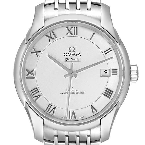 The image shows a front view of an Omega De Ville 433.10.41.21.02.001 Men's Stainless Steel Silver Dial 433.10.41.21.02.001 Men's Stainless Steel Silver Dial watch, highlighting its face, Roman numeral markers, date window, and metal bracelet.