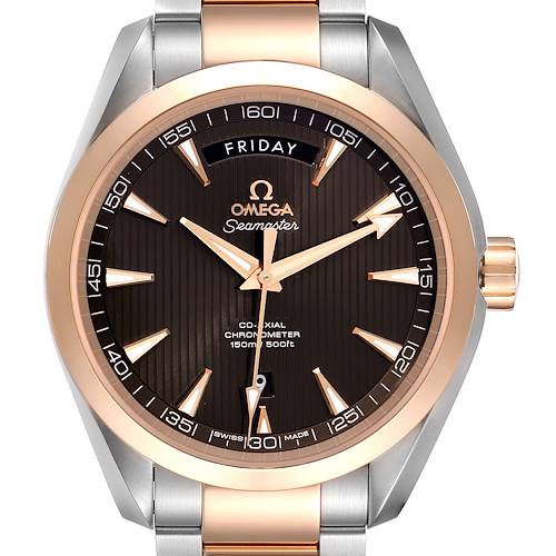 The image shows a front view of an Omega Aqua Terra 231.20.42.22.06.001 Men's Steel and Gold (two tone) Grey Dial 231.20.42.22.06.001 Men's Steel and Gold (two tone) Grey Dial watch, featuring its face, bezel, and part of the bracelet.