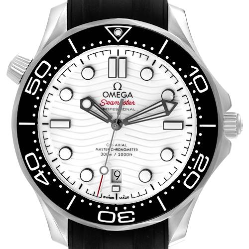 The Omega Seamaster 210.30.42.20.04.001 Men's Stainless Steel White Dial 210.30.42.20.04.001 Men's Stainless Steel White Dial watch is shown from a front angle, highlighting the dial, bezel, and crown.