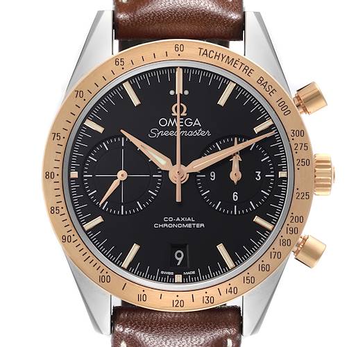 The Omega Speedmaster 331.22.42.51.01.001 Men's Steel and Gold (two tone) Black Dial 331.22.42.51.01.001 Men's Steel and Gold (two tone) Black Dial watch is shown from the front, highlighting the dial, bezel, and brown leather strap.