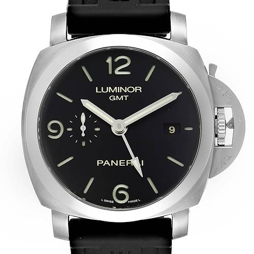 This image shows a front view of a Panerai Luminor PAM00320 Men's Stainless Steel Black Dial PAM00320 Men's Stainless Steel Black Dial GMT watch, displaying the face, bezel, and crown guard.