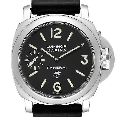 The image shows a front view of the Panerai Luminor PAM00000 Men's Stainless Steel Black Dial PAM00000 Men's Stainless Steel Black Dial watch, highlighting its black dial, luminescent numerals, and crown guard.