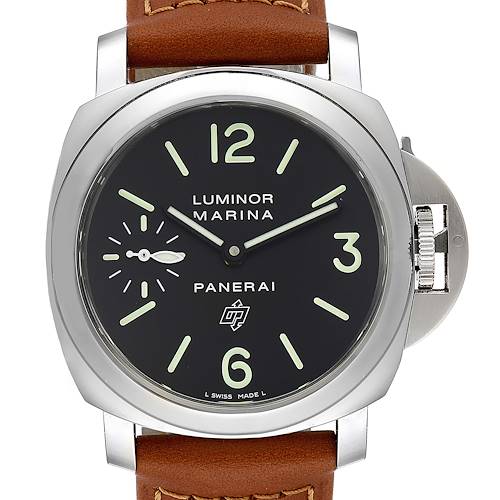 The image shows a front view of a Panerai Luminor PAM01005 Men's Stainless Steel Black Dial PAM01005 Men's Stainless Steel Black Dial Marina watch, highlighting its dial, crown, and leather strap.