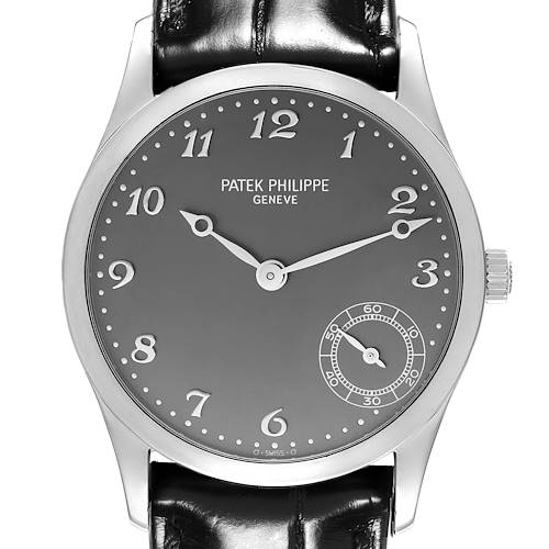 The Patek Philippe Calatrava 5026P Men's Platinum Grey Dial 5026P Men's Platinum Grey Dial watch is shown from the front, displaying the dial, hands, and leather strap.