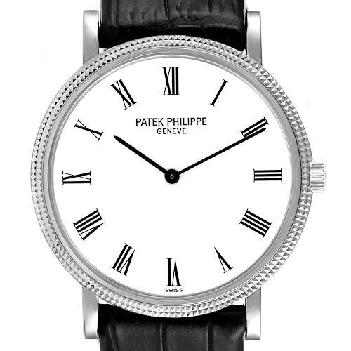 This image shows a front view of the Patek Philippe Calatrava 5120G Men's White Gold White Dial 5120G Men's White Gold White Dial watch, highlighting the dial, hands, and part of the strap.
