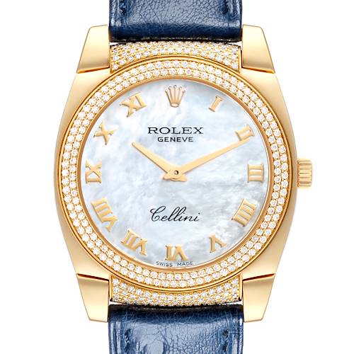 The image shows a front view of a Rolex Cellini 6321 Women's Yellow Gold Mother of Pearl Dial 6321 Women's Yellow Gold Mother of Pearl Dial watch, highlighting its dial, gold bezel, and leather strap.