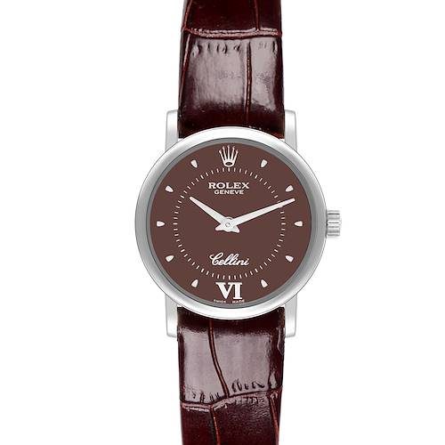 The Rolex Cellini 6110 Women's White Gold Brown Dial 6110 Women's White Gold Brown Dial watch is shown from the front, displaying its dial, hands, crown, and leather strap.