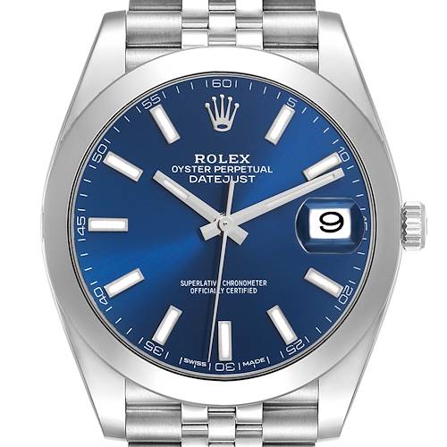 The Rolex Datejust 41 126300 Men's Stainless Steel Blue Dial 126300 Men's Stainless Steel Blue Dial is shown from the front, displaying its blue dial, hour markers, hands, date window, and partial bracelet.
