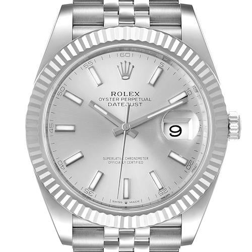 The image shows a front view of the Rolex Datejust 41 126334 Men's Stainless Steel Silver Dial 126334 Men's Stainless Steel Silver Dial watch, highlighting the dial, bezel, and part of the bracelet.