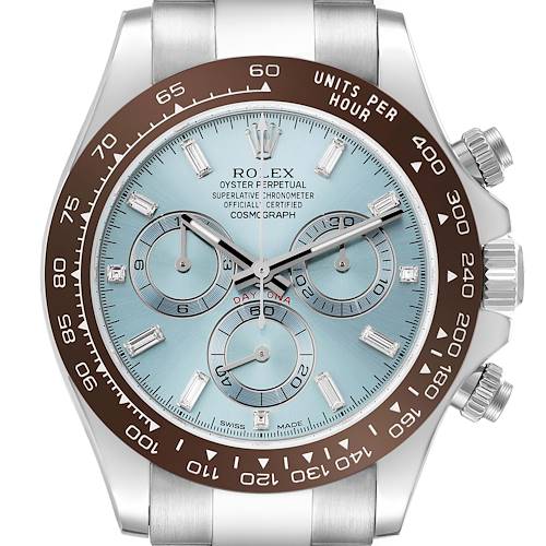 The Rolex Daytona 116506 Men's Platinum Blue Dial 116506 Men's Platinum Blue Dial watch is shown from the front, highlighting the face, bezel, and part of the bracelet.