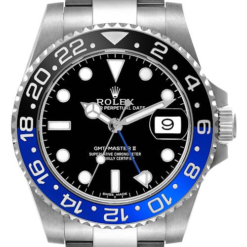 The image shows a front view of the Rolex GMT-Master 116710BLNR Men's Stainless Steel Black Dial 116710BLNR Men's Stainless Steel Black Dial II, highlighting its black and blue bezel and dial.