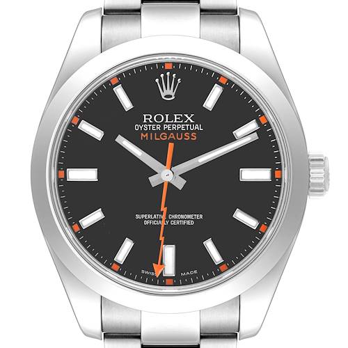 The Rolex Milgauss 116400 Men's Stainless Steel Black Dial 116400 Men's Stainless Steel Black Dial watch is shown from the front, displaying the face, bezel, and part of the bracelet.