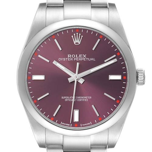 The Rolex Oyster Perpetual 114300 Men's Stainless Steel Red Dial 114300 Men's Stainless Steel Red Dial watch is shown face-on, highlighting the dial, hands, bezel, and crown.