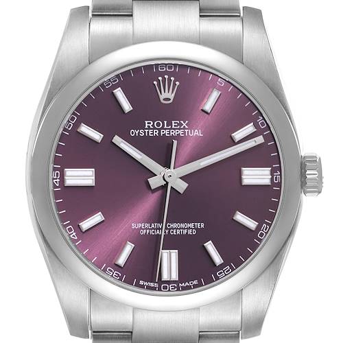 The Rolex Oyster Perpetual 116000 Men's Stainless Steel Purple Dial 116000 Men's Stainless Steel Purple Dial watch is shown from a front angle, highlighting the dial, hands, and crown.