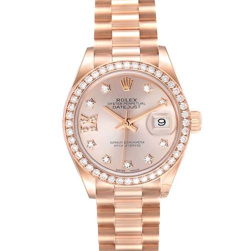 This Rolex President 279135 Women's Rose Gold Silver Dial 279135 Women's Rose Gold Silver Dial model watch is shown from the front, highlighting the face, dial, bezel, and bracelet.