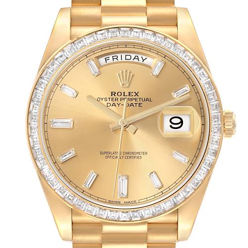 The Rolex President M228398TBR-0036 Men's Yellow Gold Champagne Dial M228398TBR-0036 Men's Yellow Gold Champagne Dial watch is shown from the front, highlighting the face, bezel, and part of the bracelet.