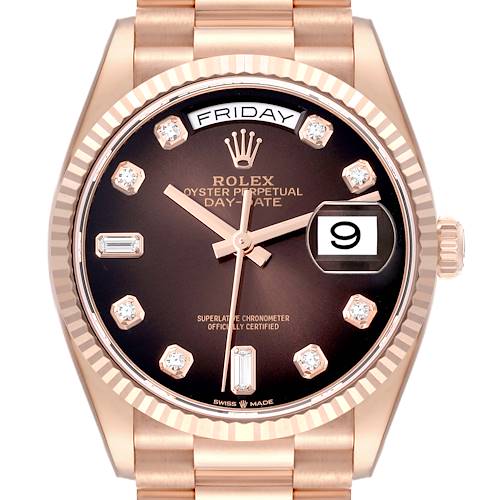 The image shows a front view of a Rolex President 128235 Men's Rose Gold Brown Dial 128235 Men's Rose Gold Brown Dial watch, highlighting the dial, bezel, and part of the bracelet.