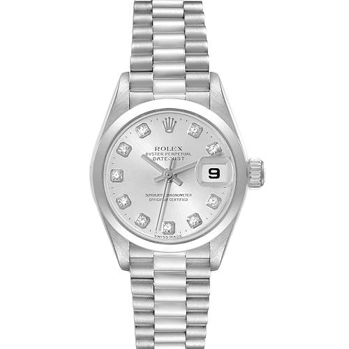 The Rolex President 79166 Women's Platinum Silver Dial 79166 Women's Platinum Silver Dial model watch is shown from a top-down view, displaying its dial, bracelet, and date window.