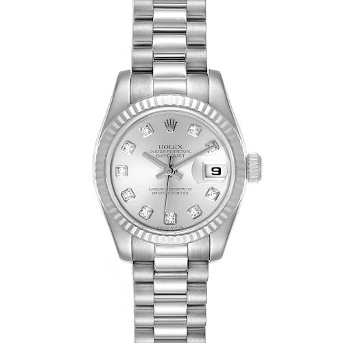The image shows a front view of a Rolex President 179179 Women's White Gold Silver Dial 179179 Women's White Gold Silver Dial model watch, displaying the dial, bezel, and bracelet.