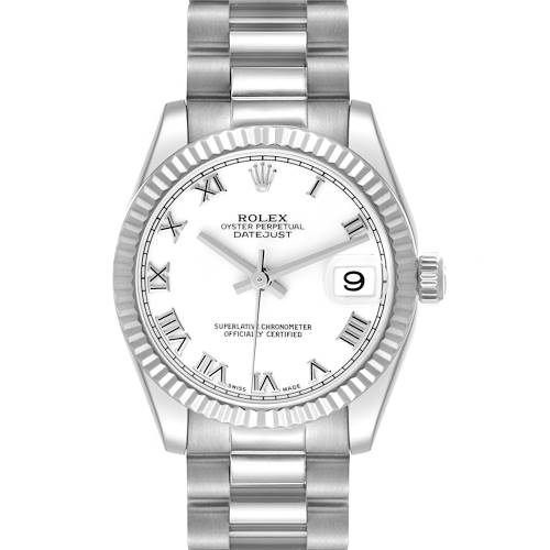The Rolex President 178279 Women's White Gold White Dial 178279 Women's White Gold White Dial model watch is shown from a front angle, displaying the face, bezel, bracelet, and date window.