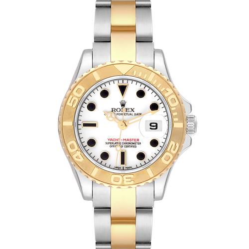 The Rolex Yacht-Master 169623 Women's Steel and Gold (two tone) White Dial 169623 Women's Steel and Gold (two tone) White Dial watch is shown from a front angle, displaying the dial, bezel, and bracelet.