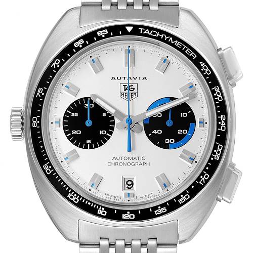 The image displays a front view of the Tag Heuer Autavia CY2110 Men's Stainless Steel White Dial CY2110 Men's Stainless Steel White Dial watch, showcasing the dial, tachymeter bezel, and part of the metal bracelet.
