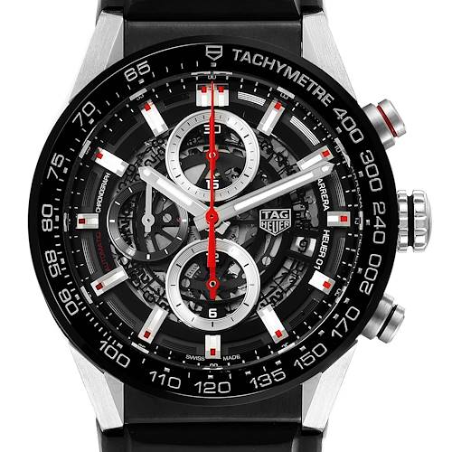 The image shows a frontal view of the Tag Heuer Carrera CAR201V.BA0714 Men's Stainless Steel Black Dial CAR201V.BA0714 Men's Stainless Steel Black Dial watch face, highlighting its chronograph, tachymeter, and branding details.